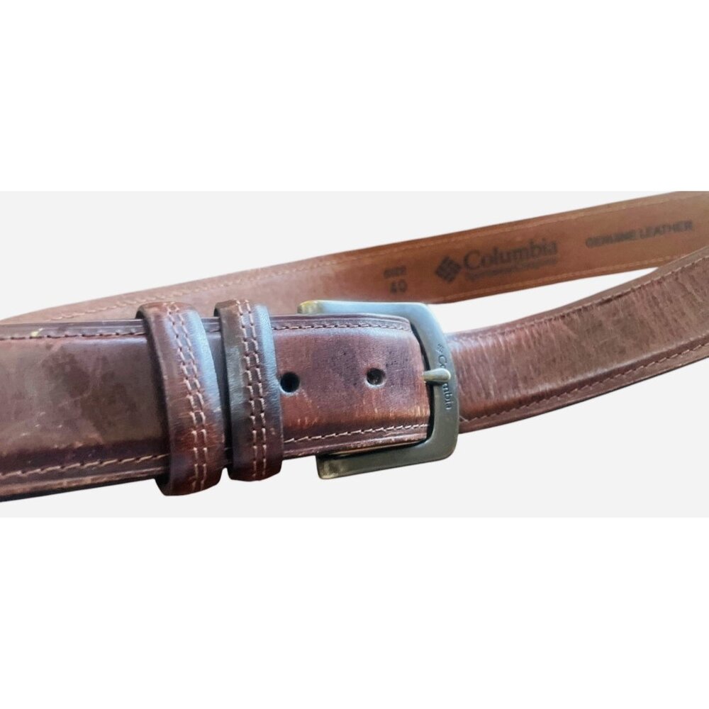 Vtg Columbia Sportswear Brown Leather Belt Sz 40 Distressed Double Stitch Casual